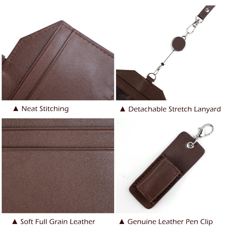 boshiho Office Badge Holder - Boshiho Genuine Leather Credit ID Card Holder with Stretch Neck Lanyard Vertical Style (Brown) - Image 4